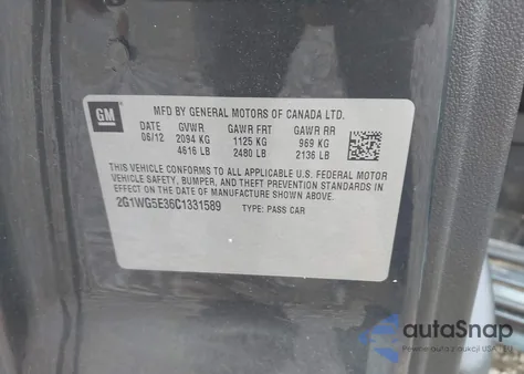 2012 Chevrolet Impala Lt from USA, damaged, VIN 2G1WG5E36C1331589